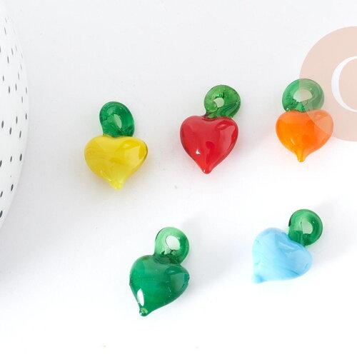 Pendentif cœur verre artisanal coloré 21~22.8mm, pendentif coeur bijoux amour, unite g8979