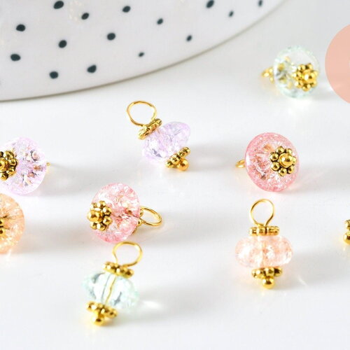 Pendentif perle fleur cristal pastel laiton doré 12mm, pendentif doré cristal, x10 (g6282)