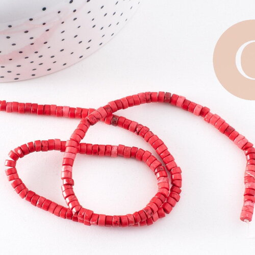 Perles rondes rondelles howlite rouge corail, perles pierre, howlite naturelle, fil de 45cm (g0891)