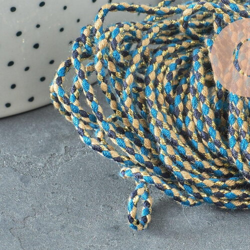 Cordon tressé bleu beige fil doré 2mm, x1 mètre (g5808)