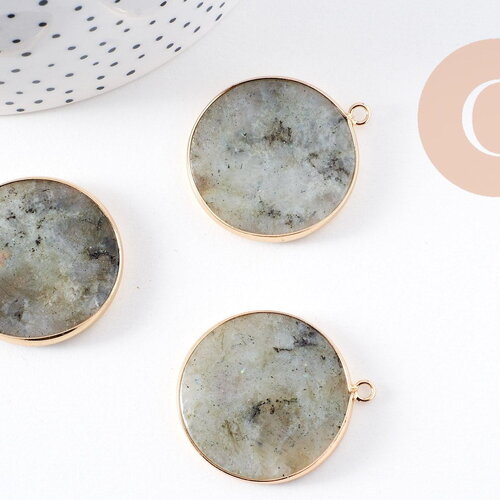 Pendentif rond labradorite naturel laiton doré 35mm, x1 (g10110)
