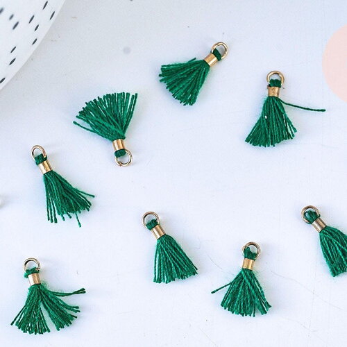 Pompon vert émeraude polyestère support doré,décoration pompon, pompon boucles,fabrication bijoux bohème,10-15mm,les 10 g5563