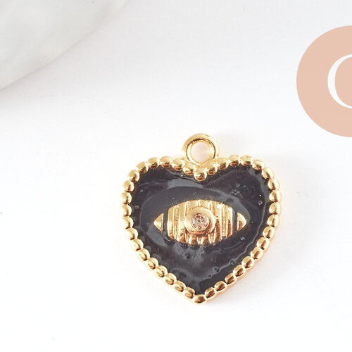 Pendentif médaille coeur oeil émail laiton doré 18k et cristal zircon,pendentif laiton amour pour création bijoux,13mm, x1 (g3414)