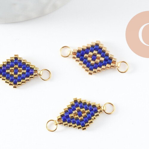 Pendentif connecteur losange rocaille miyuki toho bleu or,pendentif verre pour création bijoux, 18x12mm,x1 g4028