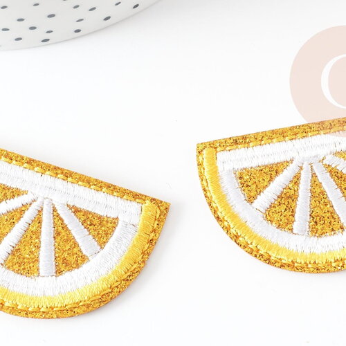 Ecusson brodé à repasser citron jaune doré customisation vêtement 46.5mm, écusson thermocollant fruit, x2 g2861