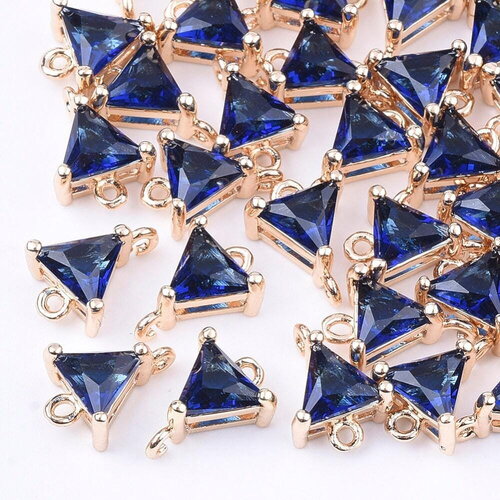 Pendentif connecteur triangle doré cristal bleu saphir 11x8mm,pendentif doré cristal coloré création bijoux, x1 g5889