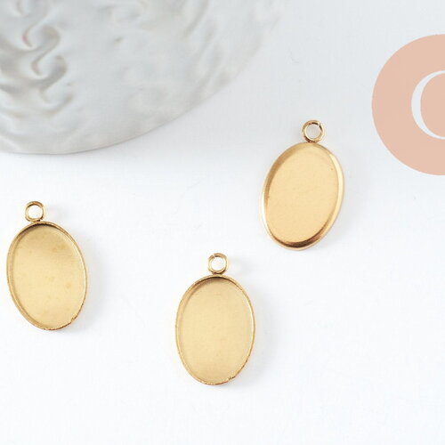Pendentif médaille ovale support cabochon 14x10mm acier 304 inoxydable doré, x2 (g9814)