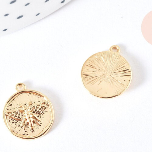 Pendentif médaille abeille laiton doré 18k 15mm, x1 (g7120)