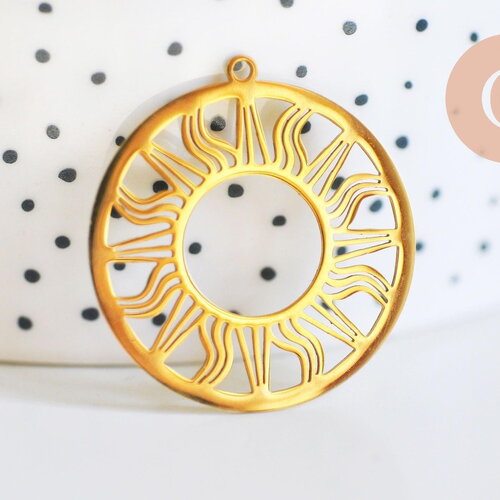 Pendentif rond soleil filigrane acier 201 inoxydable doré 33mm, pendentif sans nickel, x1 g6307