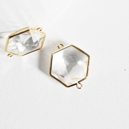 Pendentif connecteur hexagone doré cristal transparent facettes,pendentif cristal, pendentif doré,création bijoux,25.5mm, x 2,g2647