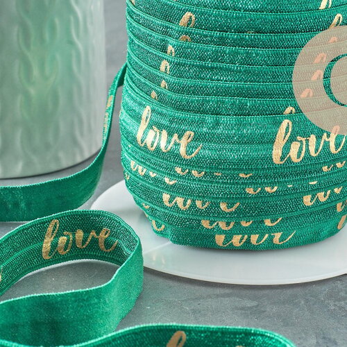 Ruban élastique vert or love efjf, bracelet evjf,ruban mariage,fourniture créative,scrapbooking,16mm, x1 mètre (g3759)