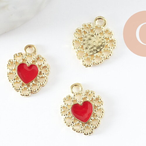 Pendentif coeur zamac doré émail rouge 16mm, création bijou coeur et amour, un bijou en dentelle dorée x2 (g4221)