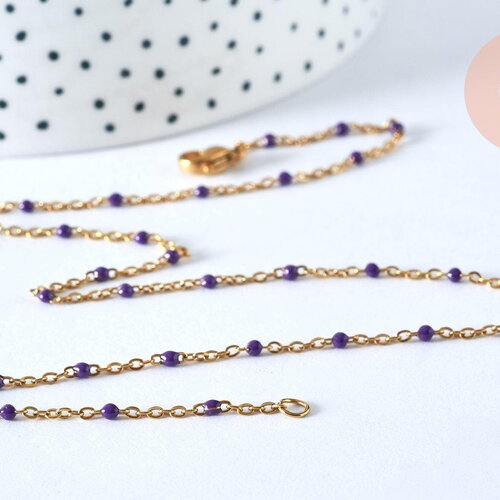 Chaine complète avec fermoir acier dorée 14k fantaisie résine violette 2mm/45cm, x1 (g1385)