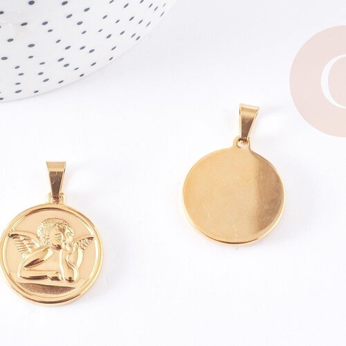 Pendentif médaille ronde ange acier 304 inoxydable doré 23mm, pendentif doré,sans nickel, acier doré, médaille or, x1 g0140
