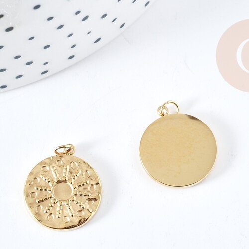 Pendentif rond soleil acier inoxydable 304 doré 14k ip 18.5mm, x1 (g8772)