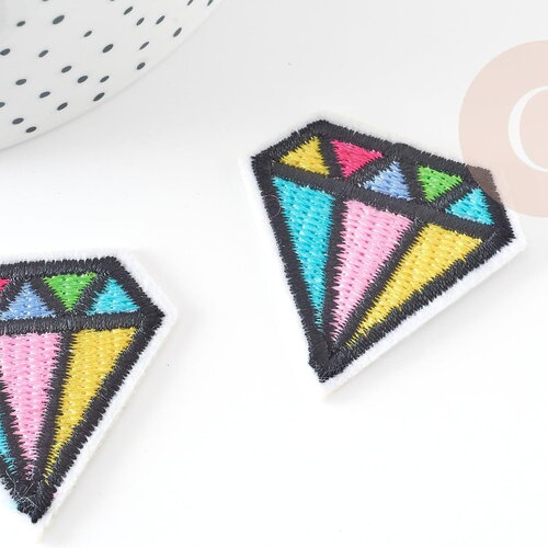 Ecusson brodé à repasser diamant multicolore customisation vêtement, écusson thermocollant,patch écusson brodé,39mm, x2 g5079