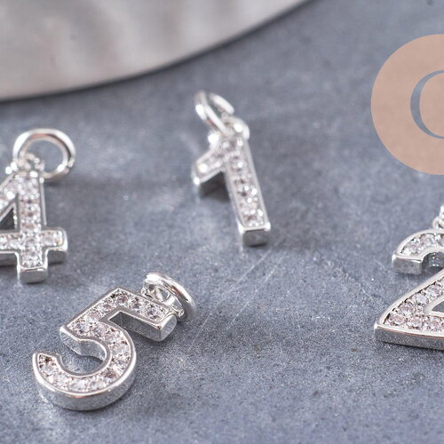 Pendentif platine numéro cristal blanc,pendentif chiffre zircon, sans nickel, numéro porte-bonheur,laiton argenté,11mm, x1 (g3622)