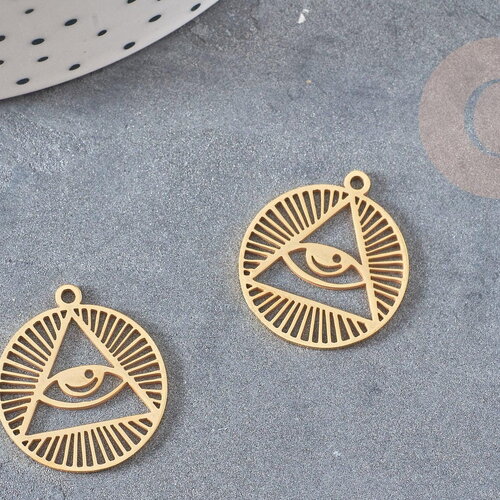 Pendentif triangle oeil protecteur acier 201 inoxydable dore 22mm,breloque chance pour création bijoux, x1 g4607
