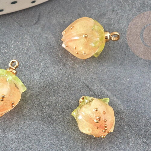 Pendentif en résine fleur séchée rose orange 33mm, pendentif fleur rose et or, x1 (g6897)