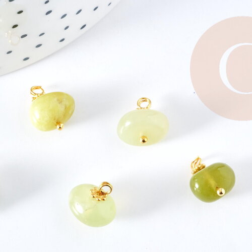 Pendentif jade olive naturel laiton doré 13-14mm,pendentif création bijoux pierre naturelle, x1 g8643