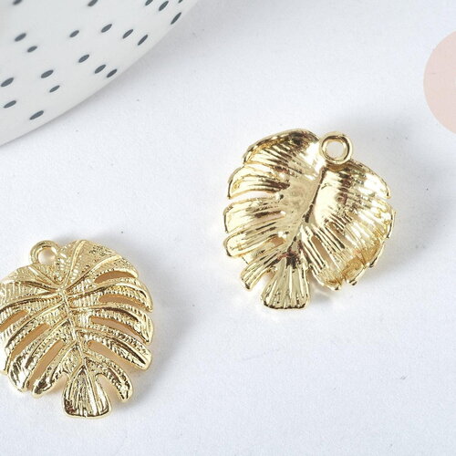 Pendentif feuille tropicale zamac doré 21,5mm,pendentif création bijoux doré, x1 g7437