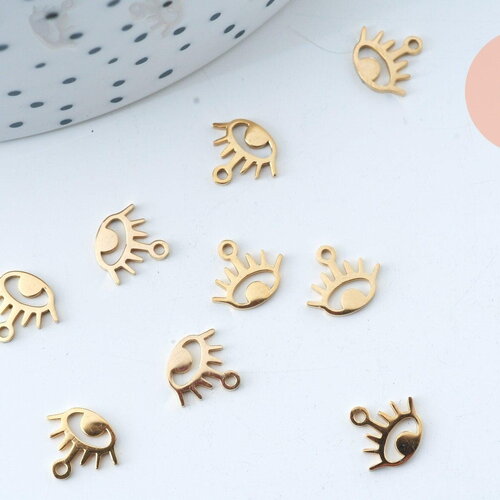 Pendentif oeil acier doré inoxydable 8.5mm, un joli pendentif pour la création de bijoux diy, x1 g6037