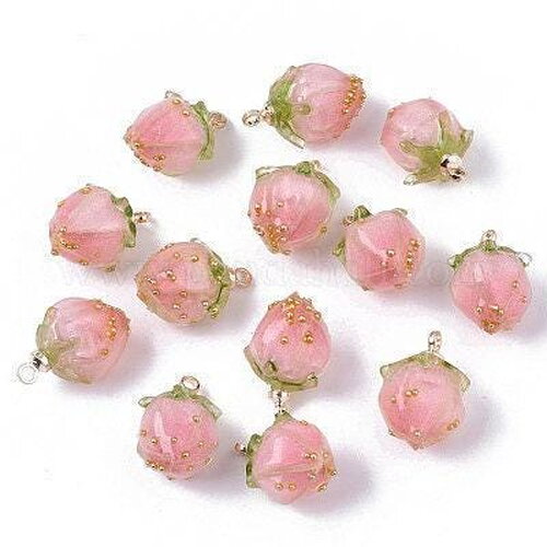 Pendentif résine fleur séchée rose rose 33mm, pendentif fleur de rose et or, création de bijoux originaux, x1 (g5697)