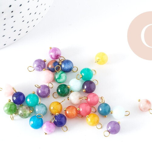 Breloque ronde jade teinté laiton platine 13x7.5mm, pendentif bijoux pierre naturelle, x1 g9051