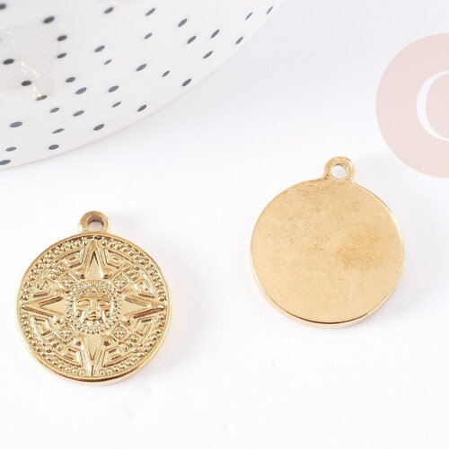 Pendentif médaille ronde rose des vents acier 304 inoxydable doré 23.4mm, x1 (g2639)