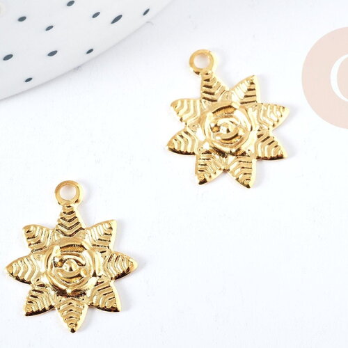 Pendentif fleur rose acier 304 inoxydable doré 23mm, pendentif sans nickel pour création bijoux acier, x1 g8731