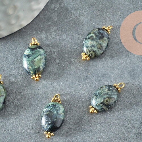 Pendentif ovale jaspe kambaba vert et laiton doré 19mm,pendentif création bijoux pierre naturelle, x1 g5756