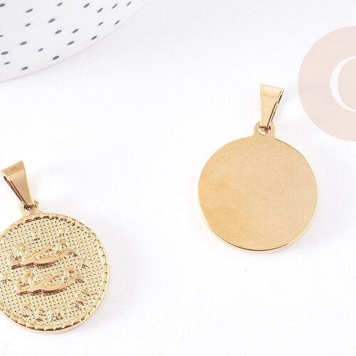 Pendentif médaille ronde gémaux acier doré,signe astrologique, pendentif doré,sans nickel,acier doré,bijoux,médaille or,2.9cm,x1 g6115
