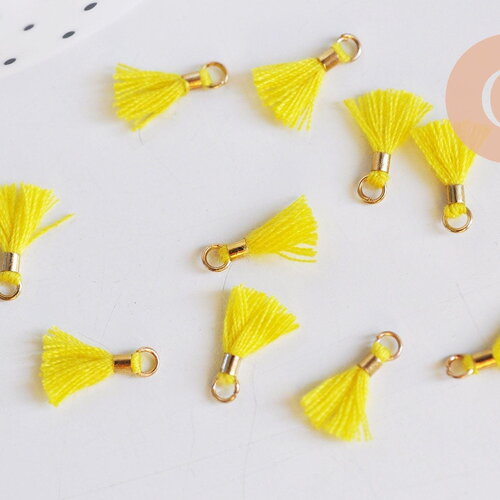 Pompon jaune polyestère support doré,décoration pompon, pompon boucles,fabrication bijoux bohème,10-15mm,les 10 g6237