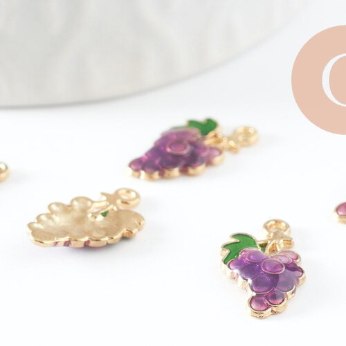 Pendentif raisin émaillé doré,pendentif fruit création bijoux, pendentif doré, 17mm, x5 (g3512)