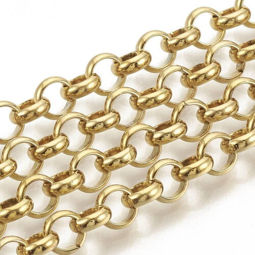 Chaine maille rollo acier 304 inoxydable doré ip 18k 6mm, x1 mètre (g2840)