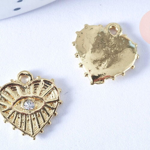 Pendentif coeur oeil cristal blanc laiton doré 15mm,sans nickel, création bijoux astro, pendentif chance, x1 g7123