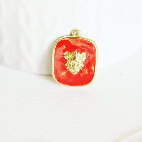 Pendentif médaille rectangle lion émail laiton doré, pendentif laiton, pendentif felin,sans nickel, abeille dorée,21.5mm, x1,g2941