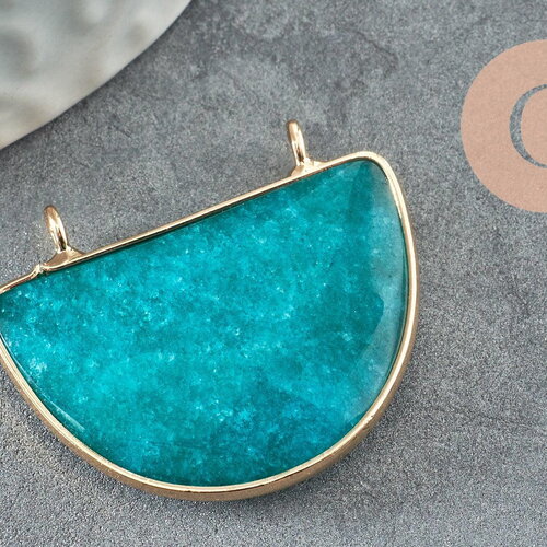 Pendentif demi-lune jade naturel teinté turquoise laiton doré 32mm,creation bijou pierre naturelle, x1 g1167