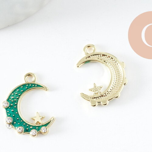 Pendentif croissant de lune étoiles cristal émaillé bleu turquoise zamac or 20mm, pendentif or émaillé, sans nickel, x1 (g5918)