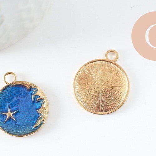 Pendentif médaille rond lune étoiles émail bleu zamac doré 25mm, pendentif laiton émaillé,sans nickel, x1 (g5838)