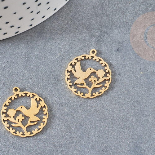 Pendentif rond oiseau colibri acier 201 inoxydable doré 22.5mm, x1 (g4836)