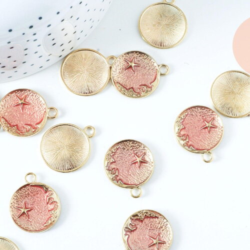 Pendentif médaille rond lune étoiles émail rose zamac doré 25mm, pendentif laiton émaillé,sans nickel, x1 (g6373)