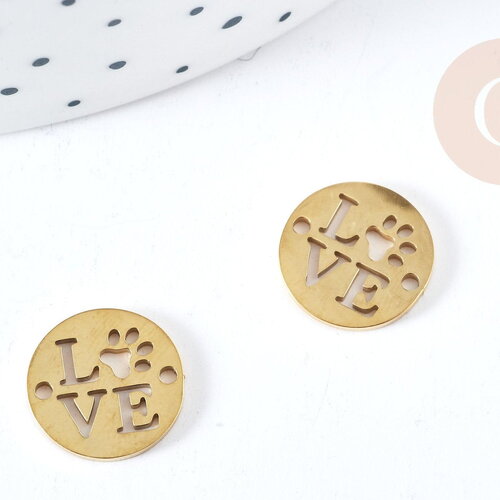 Connecteur pendentif amour patte chien acier inoxydable doré 12mm, x1 (g8862)