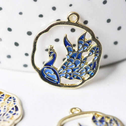 Pendentif fleur paon émail bleu zamac doré 25mm, x2 (g4276)
