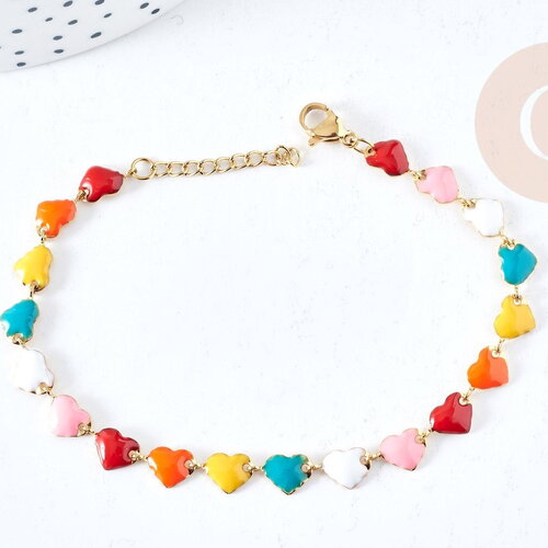 Bracelet coeur acier doré 304 inoxydable émaillé multicolore 26mm, x1 (g8607)
