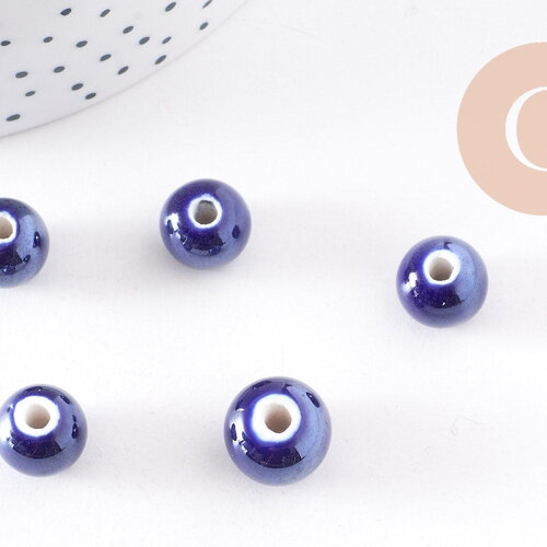 Perles ronde porcelaine bleu irisé,perle ronde bleu canard, porcelaine bleue, création bijoux, 1cm, x5 g1162