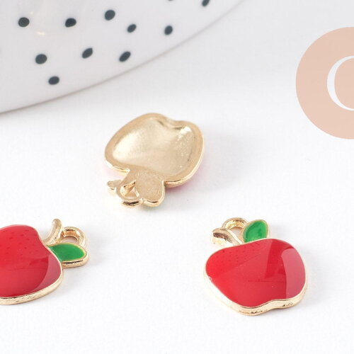 Pendentif pomme rouge zamac doré,thème fruit, création de bijoux dorés,15mm, x5 (g5473)