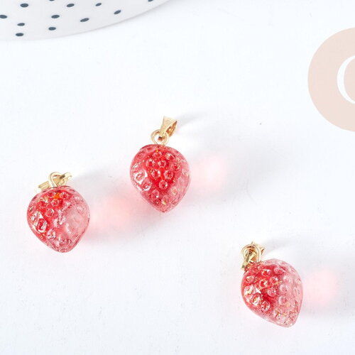 Pendentif fraise fruit rouge laiton doré 18mm,pendentif fruit verre,15-19mm, x1 (g8488)