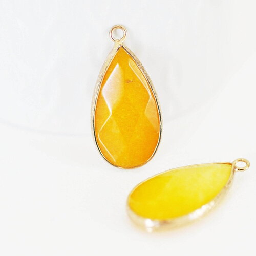 Pendentif goutte jade naturel jaune laiton doré 33mm, x1 (g0302)