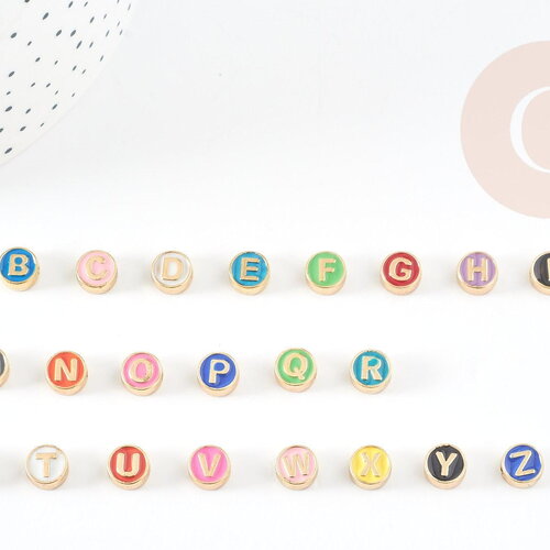 Perle ronde zamac doré initiale émail multicolore 8mm, pendentif femme, métal doré, pendentif initiale, 8mm, x1 g4296